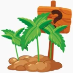 Drei Cannabispflanzen wachsen vor einem Holzschild mit einem Fragezeichen darauf