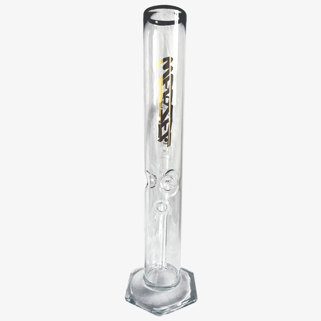 Glasbong 35cm, 6-Kant-Fuß, Gold Logos, mit Diffusor-Shillum, Aktivkohle-Adapter und Glasköpfchen