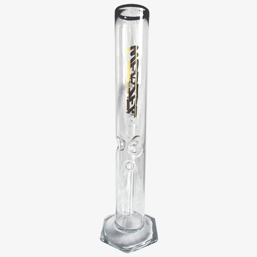 Glasbong 35cm, 6-Kant-Fuß, Gold Logos, mit Diffusor-Shillum, Aktivkohle-Adapter und Glasköpfchen