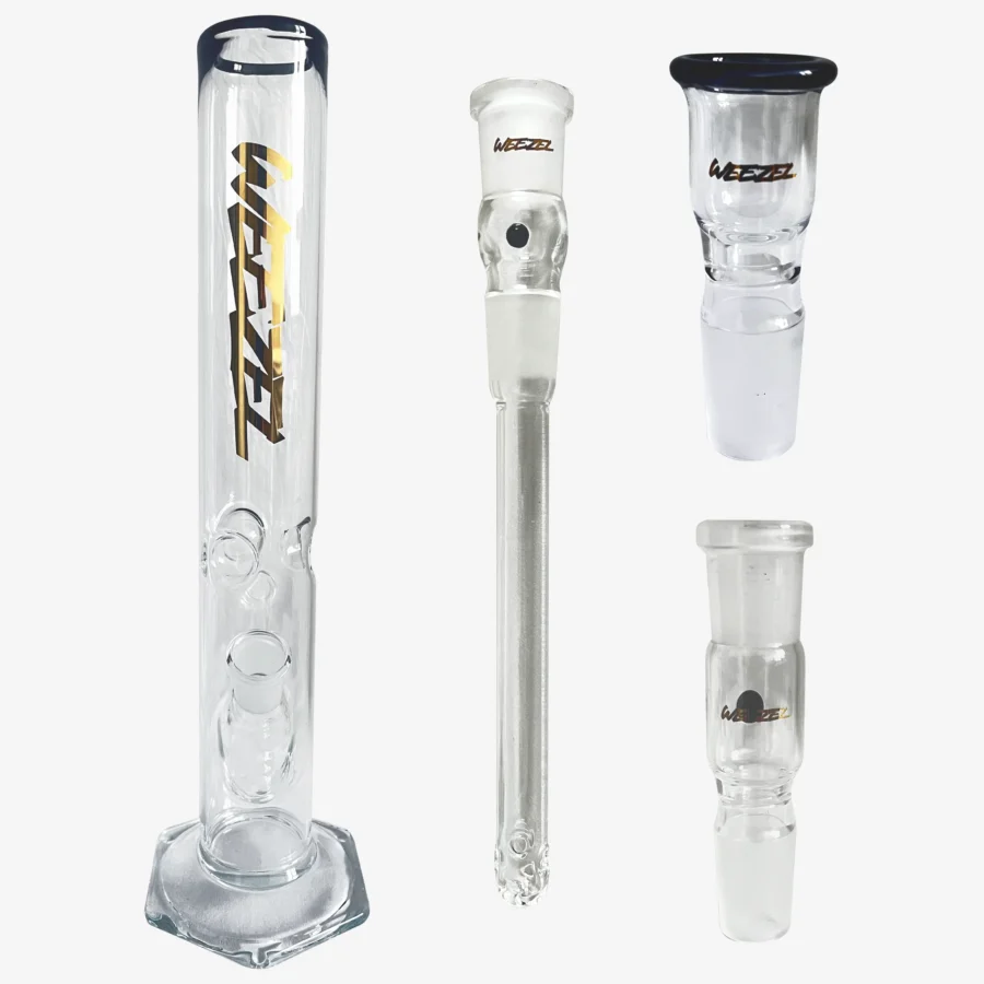 Glasbong 35cm, 6-Kant-Fuß, Gold Logos, mit Diffusor-Shillum, Aktivkohle-Adapter und Glasköpfchen