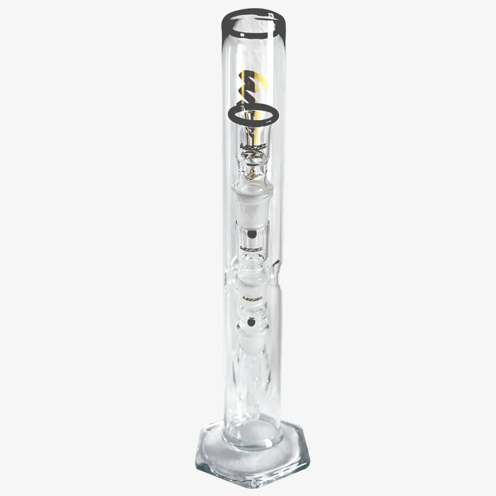 Glasbong 35cm, 6-Kant-Fuß, Gold Logos, mit Diffusor-Shillum, Aktivkohle-Adapter und Glasköpfchen