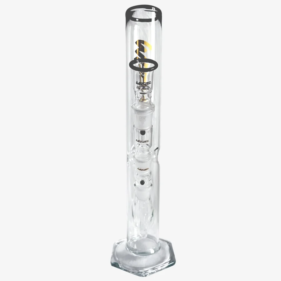 Glasbong 35cm, 6-Kant-Fuß, Gold Logos, mit Diffusor-Shillum, Aktivkohle-Adapter und Glasköpfchen