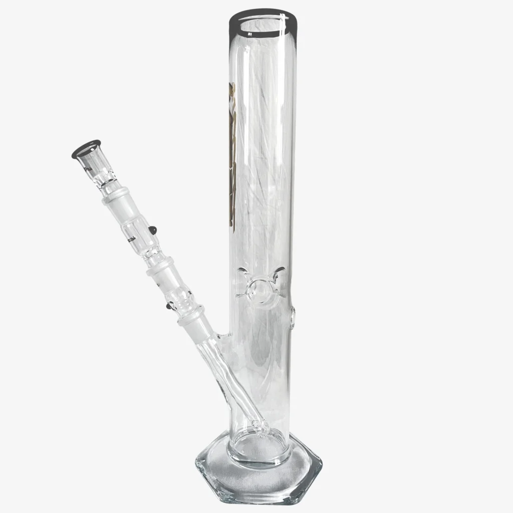 Glasbong 35cm, 6-Kant-Fuß, Gold Logos, mit Diffusor-Shillum, Aktivkohle-Adapter und Glasköpfchen