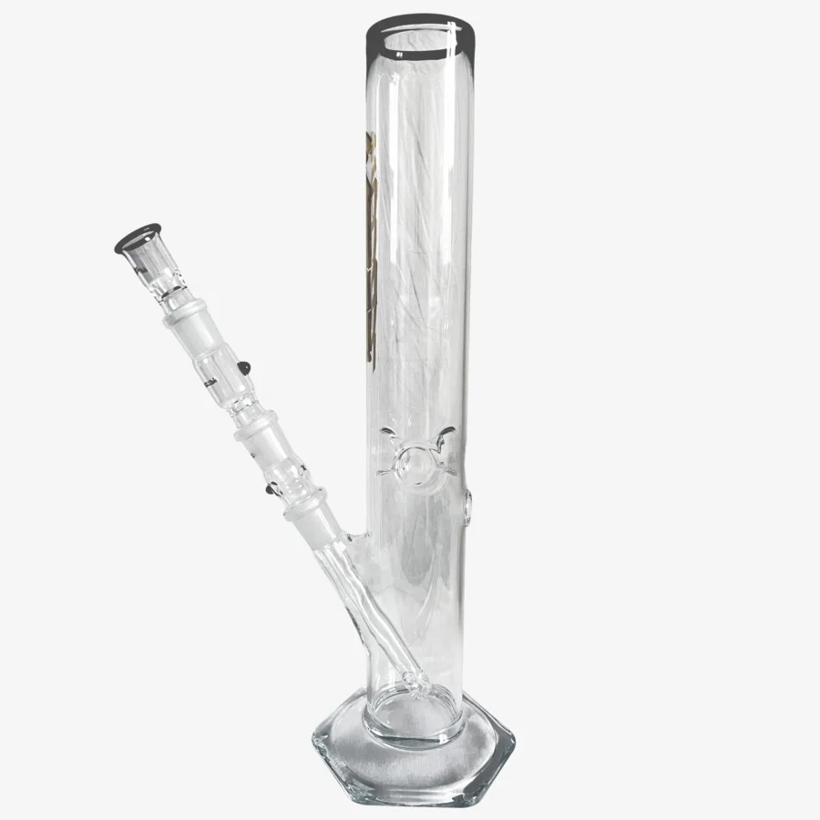 Glasbong 35cm, 6-Kant-Fuß, Gold Logos, mit Diffusor-Shillum, Aktivkohle-Adapter und Glasköpfchen