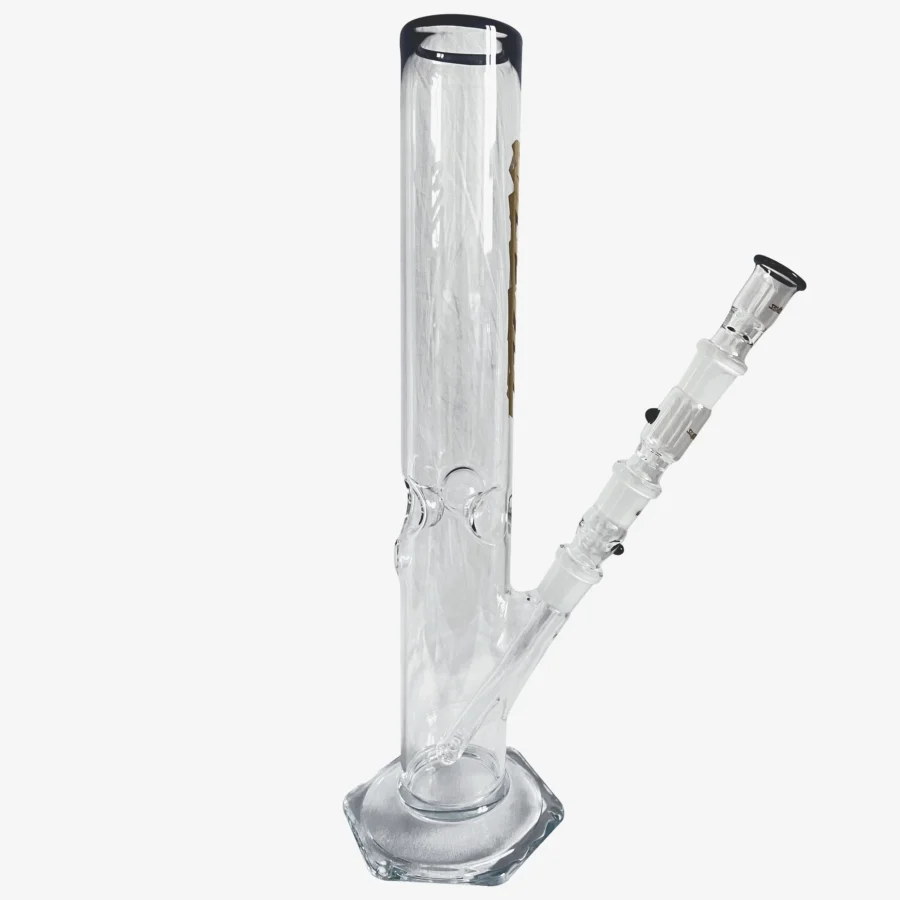 Glasbong 35cm, 6-Kant-Fuß, Gold Logos, mit Diffusor-Shillum, Aktivkohle-Adapter und Glasköpfchen