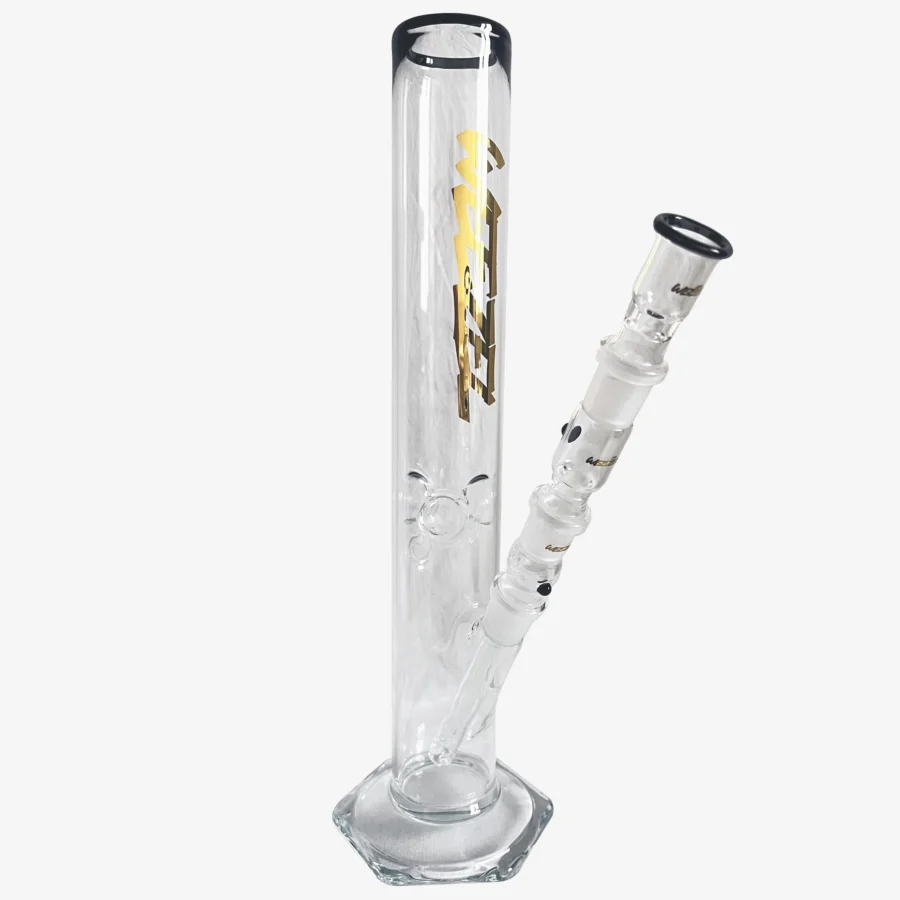 Glasbong 35cm, 6-Kant-Fuß, Gold Logos, mit Diffusor-Shillum, Aktivkohle-Adapter und Glasköpfchen