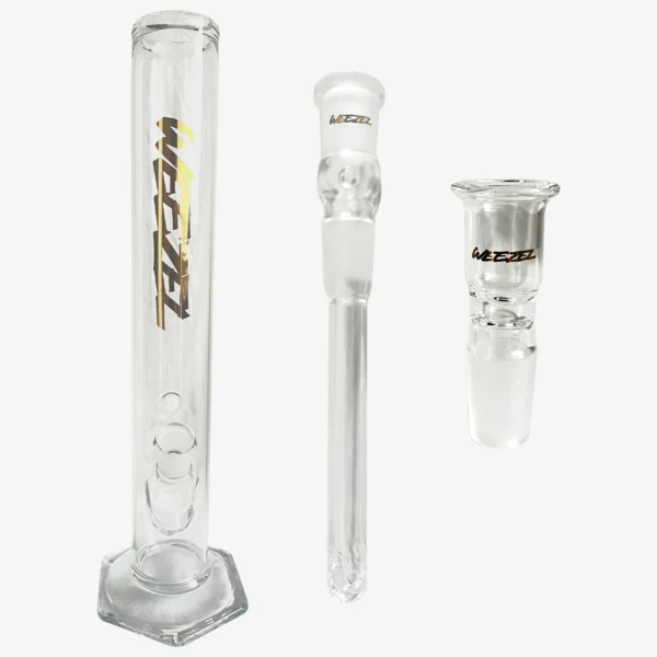 Glasbong 35cm, 6-Kant-Fuß, Gold Logos, mit Diffusor-Shillum und Glasköpfchen