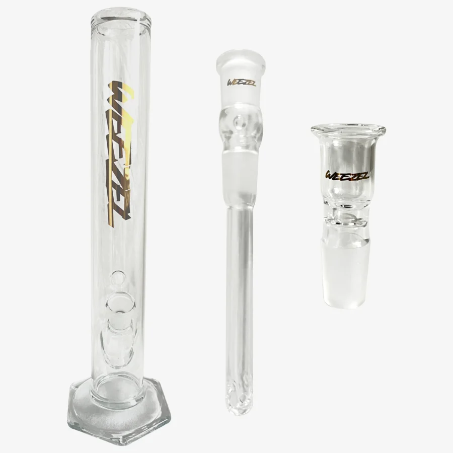 Glasbong 35cm, 6-Kant-Fuß, Gold Logos, mit Diffusor-Shillum und Glasköpfchen