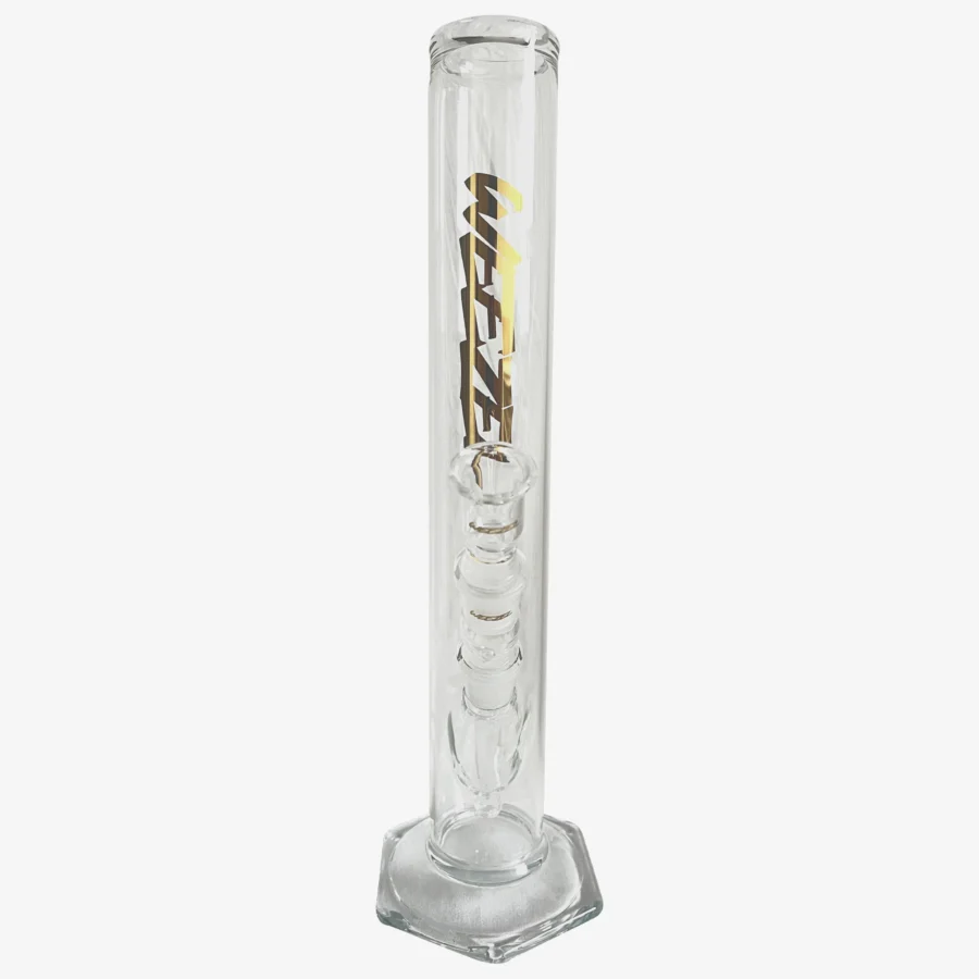 Glasbong 35cm, 6-Kant-Fuß, Gold Logos, mit Diffusor-Shillum und Glasköpfchen