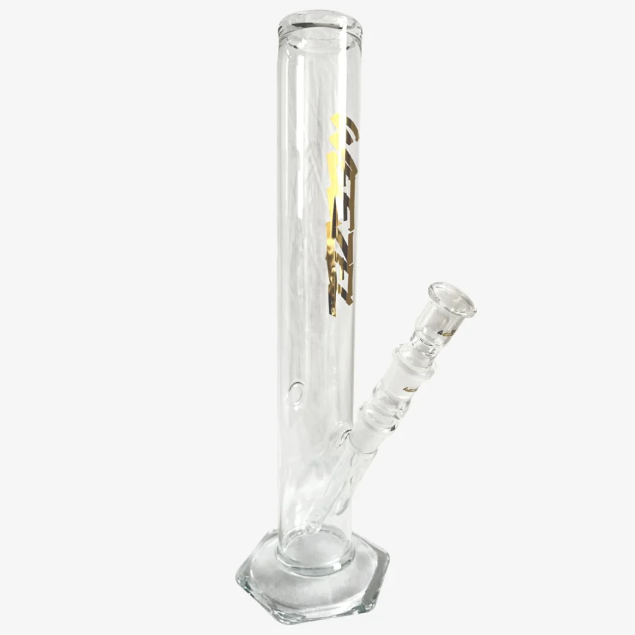 Glasbong 35cm, 6-Kant-Fuß, Gold Logos, mit Diffusor-Shillum und Glasköpfchen