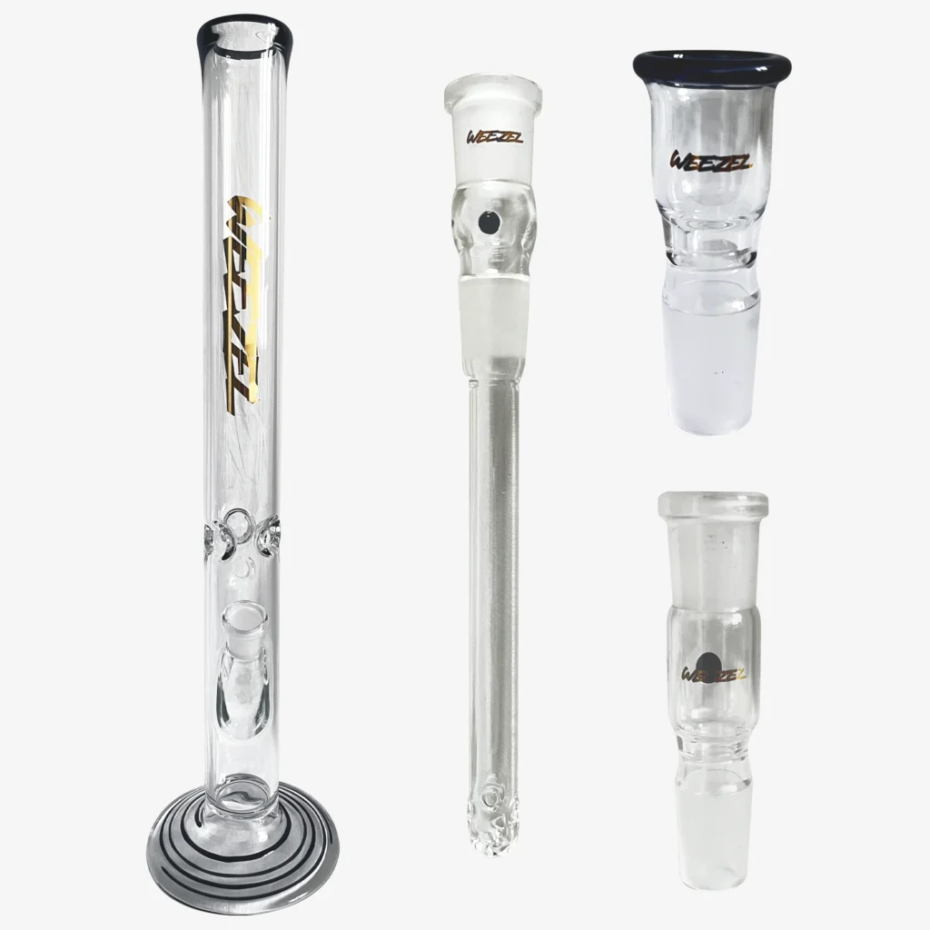 Glasbong 55cm, Rundfuß, schwarz-gold, mit Aktivkohle-Adapter, Diffusor-Shillum und Glasköpfchen