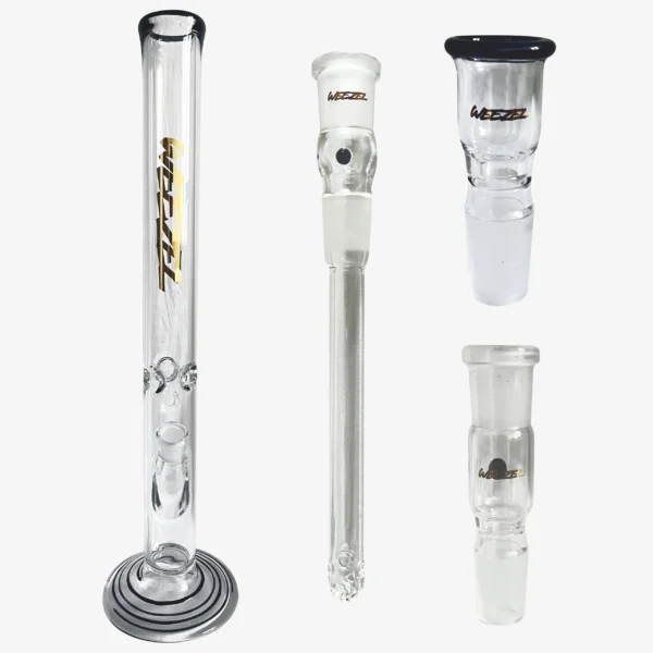 Glasbong 55cm, Rundfuß, schwarz-gold, mit Aktivkohle-Adapter, Diffusor-Shillum und Glasköpfchen