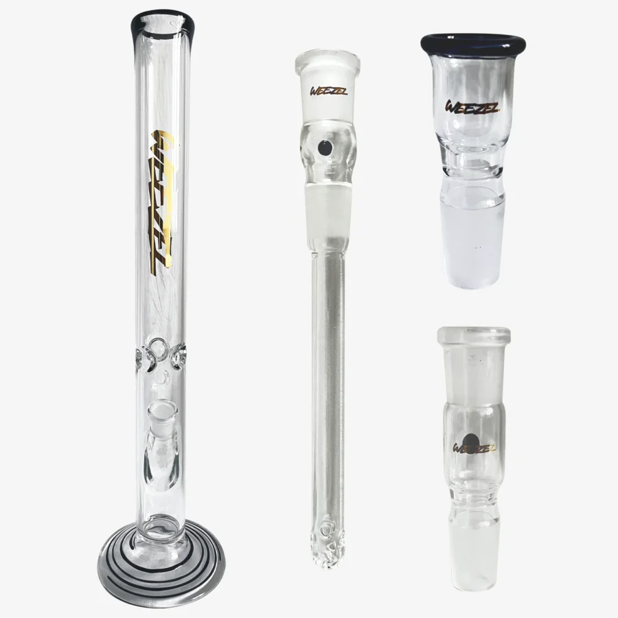 Glasbong 55cm, Rundfuß, schwarz-gold, mit Aktivkohle-Adapter, Diffusor-Shillum und Glasköpfchen