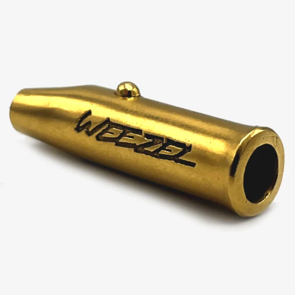 WEEZEL Goldmundstück seitlich, Logo Seite, schräge Ansicht, Öffnung für den Joint
