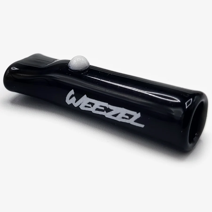 Schwarzes Glasmundstück für Joints, mit weißer Perle und weißem WEEZEL Logo schräg